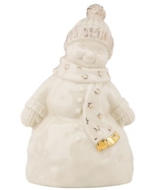 Festive and functional, this Lenox snowman figurine doubles as a sound recorder. Ivory glazed porcelain with gold glitter and trim conceals a mechanism to preserve your most boisterous holiday moments.