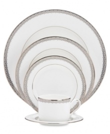 Inspired by the trim on an elegant couture gown, this graceful place settings from Lenox's dinnerware and dishes collection features an intricate platinum border that combines harmoniously with white bone china for unparalleled style. Qualifies for Rebate