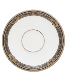 For nearly 150 years, Lenox has been renowned throughout the world as a premier designer and manufacturer of fine china. The Vintage Jewel pattern from Lenox's dinnerware and dishes collection evokes a more gracious era, combining pure white bone china with a dark, richly patterned band of muted gold, taupe, charcoal, and black, and accented with subtle touches of cobalt blue. Qualifies for Rebate