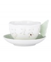 A taste of country living from Lenox. In elegant white porcelain with a scalloped edge and sweet springtime motif, the Butterfly Meadow figural cup and saucer infuse tea time with unparalleled charm. Qualifies for Rebate