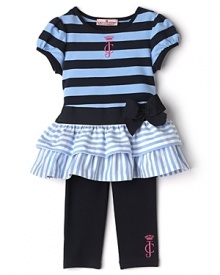 Stripes and ruffles add a playful touch to this charming tiered top and legging set by Juicy.