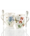 Too sweet, Butterfly Meadow cocoa mugs boast the beloved blooms and butterflies of Lenox in easy-care porcelain. A scalloped edge, details inside and coordinating spoons that set in the handle make them a treat to give and to get.