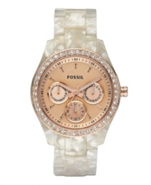 Pearly white and rosy gold tone combine with rich effect on this watch by Fossil.