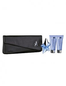 Transforming into a seductress is effortless with the Angel Refillable Shooting Star and sophisticated selection of bath and body products. The celestial collection is presented with a stylish, black leather-like clutch - decorated with a silver metallic star, inspired by Thierry Mugler's fashionable universe.Set includes: 0.8 oz. Shooting Star Eau de Parfum Refillable Spray, 3.4 oz. Perfuming Body Lotion, 3.4 oz. Perfuming Shower Gel, and a Thierry Mugler Signature Clutch.