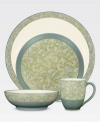 Strokes of fresh green and yellow lend your table a touch of spring. Featuring sage green bands and smooth, clean shapes, this dinnerware collection is the perfect look for tranquil everyday meals or fun gatherings. The Elements Flora place settings include a dinner plate, salad plate, soup/cereal bowl and mug.