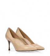 Add instant elegance to your day or night look with these neutral patent pumps from Sergio Rossi - Pointed toe, mid-length stiletto heel - Style with a fitted sheath and a statement shoulder bag