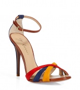 Candy-colored suede straps amp up the style factor of these ultra-luxe sandals - Primary colored front straps, contrasting ankle strap and stiletto heel- Wear with knee socks, an A-line dress, and a boyfriend cardigan