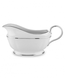 For nearly 150 years, Lenox has been renowned throughout the world as a premier designer and manufacturer of fine china. The simple and classic Hannah Platinum pattern brings a timeless refinement to your formal entertaining table, in pure white bone china embossed with a subtle palmetto-leaf design, and banded in platinum. Gravy boat shown back right. Qualifies for Rebate