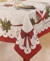 Embrace what's beautiful about the season with Homewear's Christmas Peace and Joy tablecloth. Words of inspiration, holiday bouquets and red bows embellish holly damask for graceful – and in a machine washable blend – easy entertaining.