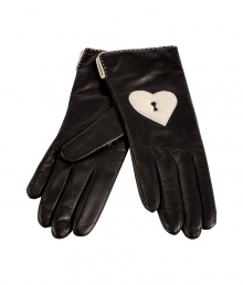 Show your romantic side with Diane von Furstenbergs sleek leather locket gloves, a playfully chic accessory with that cool mod feel - Black leather gloves, parchment white trim, stitching and leather locket detail - Team with flawless winter coats and sleek cashmere scarves