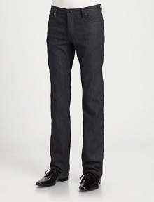 A traditional five-pocket silhouette is rendered in polished, dark-washed denim, while slighter slimmer throughout the leg for a more modern, tailored approach.Five-pocket styleInseam, about 33CottonDry cleanImported