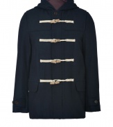 Bring stylish nautical flair to your cold weather style with this wool-blend toggle coat from PA by Paul Smith - Hooded, concealed front button placket with toggle closure, flap pockets, long sleeves with button tab cuffs - Pair with straight leg jeans, a long sleeve henley, and suede ankle boots