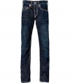 With Western-inspired details, these stylish distressed jeans from True Religion will amp up your casual basics - Classic five-pocket styling, fading details, decorative back pockets with logo detail, contrast stitching - Straight leg, slim fit - Pair with a tee and a blazer or a cashmere sweater