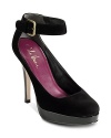 A pretty pump that combines the softest suede with high-gloss patent leather. By Cole Haan.