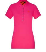 Luxe polo in fine, bright pink cotton stretch blend - Traditional button down style with short, fitted sleeves and small collar - Contrast embroidered  logo at chest - New, lengthier cut is slim and hits below the hips - Chic, Burberry check motif lining at nape of the neck - A dream basic as versatile as it is stylish - Pair with a blazer and leather pencil skirt or layer beneath a cardigan and wear with skinny jeans