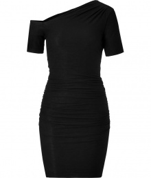 Super soft and exquisitely seductive, James Perses black bare shoulder dress adds a sensuous edge to cocktail and off-duty looks alike - Asymmetrical-neckline, short sleeves, ruched sides, fitted silhouette - Pairs equally stunningly with sky-high pumps and sweet flat sandals