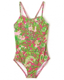 She's sure to make a splash in this tropical Lilly Pulitzer swimsuit with crisscross back straps and a perky print.