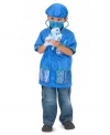 he care of all the toy pets in the house will be in capable hands when your little animal doctor is suited up in a machine-washable blue jacket, mask and surgical cap. The set includes a stethoscope with sound effects, syringe, thermometer, mask, cap, bandage, reusable veterinarian name tag and a little plush puppy patient to doctor and love.