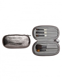 Perfect for women on the go, the chic new set contains 5 scaled down brushes to address virtually every makeup need. The zippered metallic faux croc bag includes 5 sewn in pouches for the travel sized cheek, concealer, eye basic, eye liner and eye blend brushes. Made in USA. 