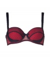 Get the sultry glamorous look of a vintage 1950s pin up girl in Von Follies by Dita Von Teeses black and luxury red spotted stretch mesh contour bra - Underwire style with wired sides, lightly padded structured cups, slinky lightweight satin detailing over sheer black hail spot stretch mesh, scalloped trim on cups, wide adjustable straps, iconic soft elastic triangle cross back detail, adjustable back hook-and-eye closures - Wear with the matching garter belt for a seriously seductive look