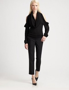 This dramatically draped pullover style is finished with a rib-knit cowl neck and split shoulder details.Rib-knit cowlneckOpen shouldersLong sleevesRib-knit cuffs and hem80% viscose/10% cashmere/10% silkDry cleanImported of Italian fabricModel shown is 5'10 (177cm) wearing US size Small. 