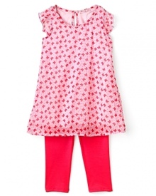 A flowy tunic with an allover print couples with cute leggings for an adorable, easy-breezy outfit.