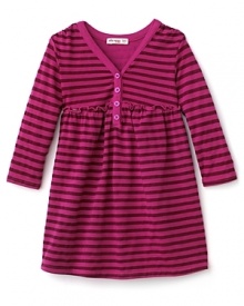 An colorful Ella Moss dress with sharp stripes and a ruffled waist is an effortless essential over leggings or tights.