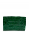 Invest in multi-season sophistication with Nancy Gonzalezs sleek croco clutch, an ultra luxurious choice in kelly green - Flap with hidden magnetic closures, back slit pocket with hidden magnetic closure, zippered front sectional pocket, inside zippered back wall pocket, front wall slot pocket, pistachio suede lining - Carry as a finish to chic evening looks