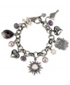 Rise and shine with this multi-charm bracelet from Betsey Johnson. Crafted from hematite-tone mixed metal, the bracelet dazzles with charms adorned with colorful glass crystal accents and faceted beads. Approximate length: 7-1/2 inches.