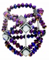 Intriguingly iridescent. Metallic beads in a blue/purple hue have an eye-catching effect on this wide stretch bracelet from GUESS. Accented by sparkling large plastic accents, it's crafted in hematite tone mixed metal. Bracelet adjusts to fit wrist. Approximate diameter: 3 inches.