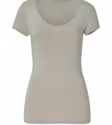 Stylish t-shirt in fine, beige viscose blend - Especially comfortable and flattering, thanks to a touch of stretch - Super-soft, lighter weight material - Deep scoop neck and short, fitted sleeves - Long, lean silhouette hits below hips - Casually elegant and ultra versatile, great for everyday - Pair with jeans, cigarette pants, shorts and dressier trousers