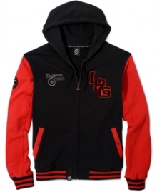 With the throwback look of a varsity jacket, this LRG hoodie scores sporty style in your casual wardrobe.