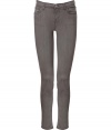 Stylish jean in fine, grey cotton stretch blend - Skinny, medium rise cut sits comfortably at hips - Classic five pocket style crops at ankles - Zip fly, belt loops and single button closure - Versatile and chic, great for day or evening - Dress up with an oversize silk blouse and platform pumps, or go for a more casual look with a billowy tunic top and leather sandals