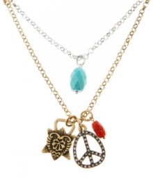 Hippie chic. Thanks to a peace sign motif, Lucky Brand's double layer necklace imparts a 1960s sensibility. Accented by semi-precious stones (white jade and turquoise) along with colored crystals, it's crafted in gold tone and silver tone mixed metal. Approximate length: 21 inches + 2-inch extender. Approximate drop: 2-1/2 inches.