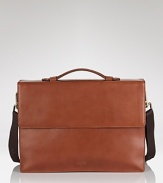 A sleek, modern briefcase with front flap and magnetic hook closure, top handle and logo embossed on front.