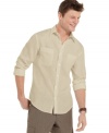 Go ahead, roll up your sleeves. This linen shirt from Perry Ellis puts you on an instant vacation.