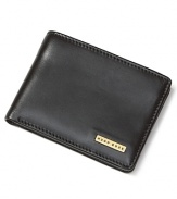 Wrought in quality burnished leather, this slim bifold wallet features a logo plaque on the front, a clear ID holder, 3 credit card slots and 1 cash slot.