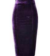 Finish your look on an impossibly feminine note with LWren Scotts deep amethyst velvet pencil skirt - Hidden metal back zip, paneled construction, kick pleat - Exquisitely flattering figure-hugging fit - Pair with silk tops and platform pumps for a seamless transition from work to cocktails