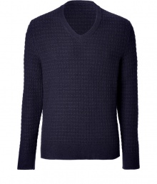 Work an exquisitely luxurious edge into your contemporary knitwear collection with Marc Jacobs navy textural knit cashmere pullover - V-neckline, long sleeves, contrast knit trim - Modern slim, straight fit - Pair with everything from jeans and tees to chic blazers and slick lace-ups