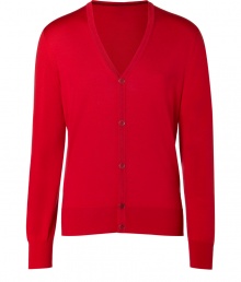 Polished, streamlined staples anchor any wardrobe, and Hugos radiant red cardigan is a great go-to this season - V-neckline, long sleeves, banded trim, button-down front, crafted from a lighter-weight, pure virgin wool - Classically slim, straight cut - Versatile and elegant, the perfect compliment to chinos, jeans or dress trousers