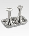 Inspired by time-honored techniques of ancient craftsmanship, this elegant set of shakers is presented on a polished matching tray.From the Molten CollectionNickelplateShakers, about 4HTray, about 5.75L X 3.5 WHand washImported