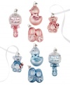 A thoughtful gift the whole family will cherish, baby's first Christmas ornament sets from Midwest feature an adorable duck, bear, rattle and booties in shiny pink or blue glass.