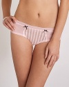 A tonal stripe boyleg with lace trim where sweet and sexy are combined. Two satin bow embellish on front. Sheer at sides. Cotton gusset.