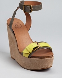 In smoke and chartreuse hues, these Lucky Brand wedges showcase a color block design in soft suede and smooth leather.