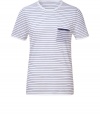 Luxe pullover in ultra-fine, white and blue striped cashmere - Lightweight and supremely soft material - Chic t-shirt style with round neck and short sleeves - Pocket detail at chest - Narrow cut ideal for layering - Pair with a blazer or sports coat and jeans or chinos