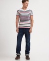 Multicolored stripes add a modern touch to this classic cotton v-neck. V-neckShort sleevesCottonMachine washMade in USA