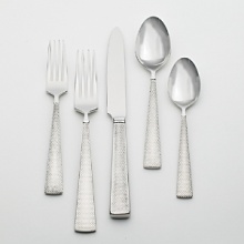 The distinguished mark of the Etched five-piece flatware place setting is a unique geometric weave which compliments both casual and formal dining. It provides a stylish finishing touch to the Jasper Conran table while bringing modern dishwasher-safe convenience to the home. The set includes a large and small fork, a knife and a large and small spoon. Certain to be beautiful flatware to look at, to hold and to use.