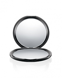 A slim, glossy MAC black round compact featuring two mirrors. One side magnifies for close-ups, the other provides a standard true-to-life image. Flexible in use: props up, lies flat Pops easily into kit, bag or pocket.