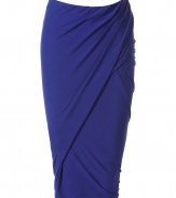 Luxurious skirt in fine violet rayon stretch - utmost elegant with decorative drapes - fashionable wrap optic - glamorous version of the classic pencil skirt - figure-hugging cut, knee-length - super chic, super sexy, a dream for women who know what they desire - a hit for business dates and important parties or events - pair at the office with a posh blouse and pumps, in the evening with a sexy top and gladiator sandals