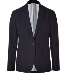 A subtle check print covers this ultra-stylish blazer from Edun - Notched lapels, long sleeves, single button closure, flap pockets, double back vent, slim fit - Pair with jeans, slim trousers, chinos, or corduroys